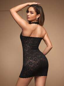 Women's Sheer Lace Backless Halter Sexy Nightgown
