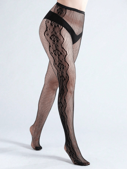 1pair Plus Size Women's Fishnet Stockings Embellished With Rose Design Side Seam Tights Basic Summer Accessory - Lolli World Marketplace