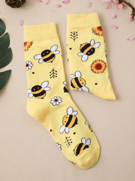 1pair Women Cartoon Sunflower & Bee Pattern Cute Crew Socks For Daily Life - Lolli World Marketplace