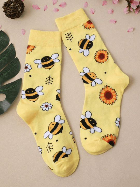 1pair Women Cartoon Sunflower & Bee Pattern Cute Crew Socks For Daily Life - Lolli World Marketplace