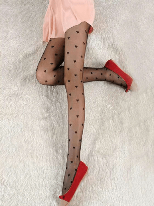 1pair Women Heart Print Casual Tights For Spring And Summer - Lolli World Marketplace