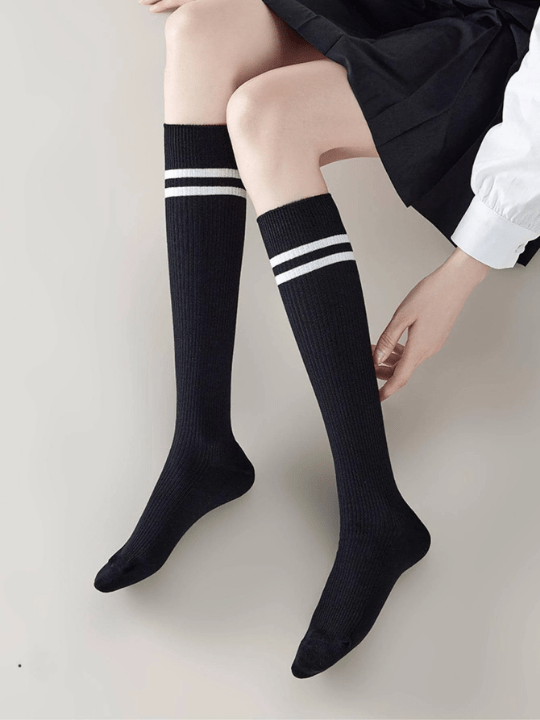 1pair Women Striped Pattern Casual Over The Calf Socks For Daily Life - Lolli World Marketplace
