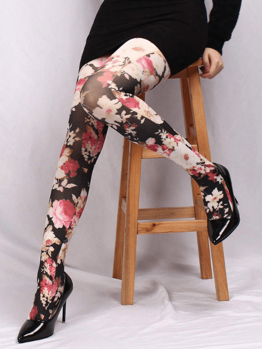 1pair Women's 60d Printed Tights With Large Floral Pattern, Pantyhose - Lolli World Marketplace