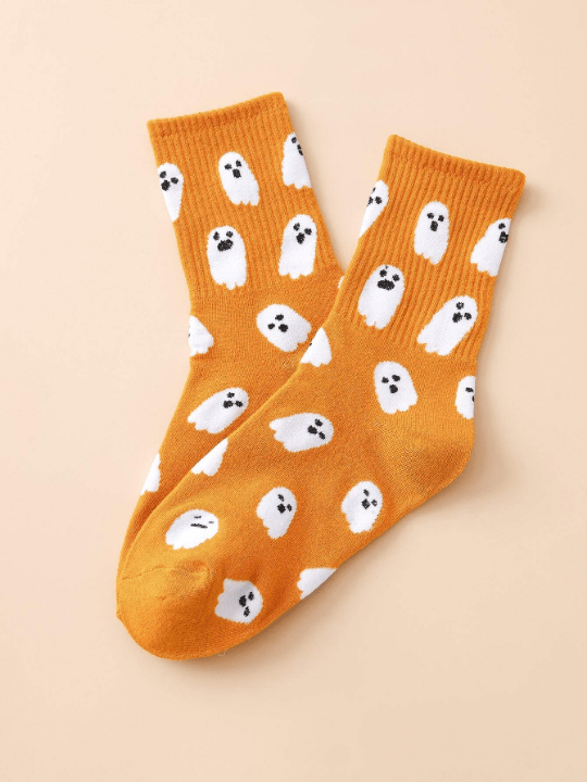 1pair Women's Funny Ghost Pattern Mid - calf Socks - Lolli World Marketplace