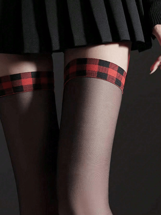 1pair Women's Thigh High Stockings, Sexy Red & Black Plaid Pattern - Lolli World Marketplace