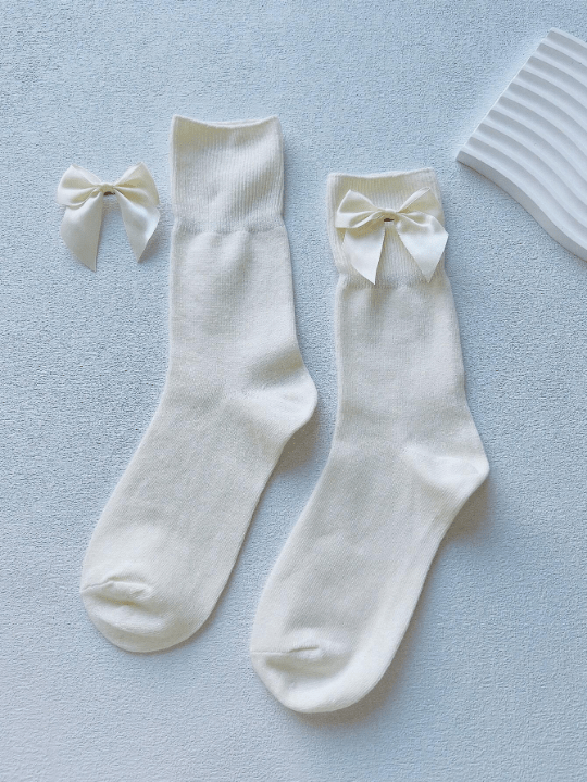 1pair Xianuo Spring New Arrival Women's Cute Layered Socks With Bowknot Decoration In Milk Yellow, Japanese Jk Style For Daily Wear - Lolli World Marketplace