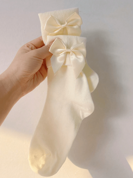 1pair Xianuo Spring New Arrival Women's Cute Layered Socks With Bowknot Decoration In Milk Yellow, Japanese Jk Style For Daily Wear - Lolli World Marketplace