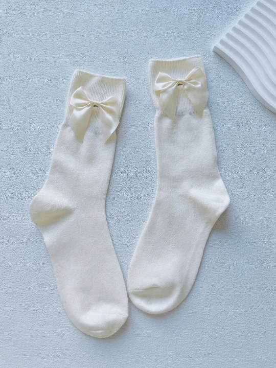1pair Xianuo Spring New Arrival Women's Cute Layered Socks With Bowknot Decoration In Milk Yellow, Japanese Jk Style For Daily Wear - Lolli World Marketplace