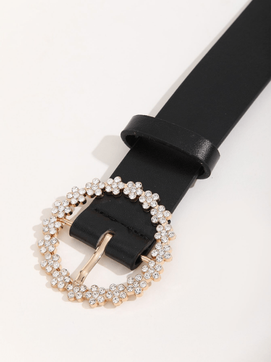 1pc Casual Black Rhinestone Decor Round Buckle Women Belt Girdle With Punch Tool Elegant - Lolli World Marketplace