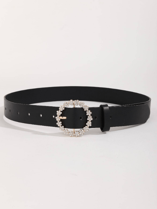 1pc Casual Black Rhinestone Decor Round Buckle Women Belt Girdle With Punch Tool Elegant - Lolli World Marketplace