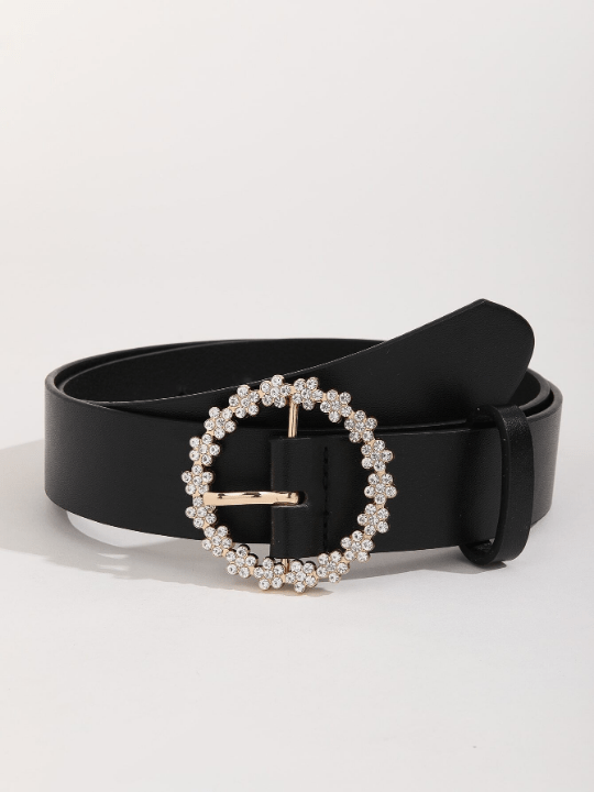 1pc Casual Black Rhinestone Decor Round Buckle Women Belt Girdle With Punch Tool Elegant - Lolli World Marketplace