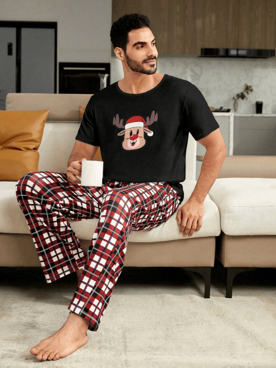 1pc Christmas Print Tee & 1pc Plaid Print Pants Lounge Set - Lolli World Marketplace