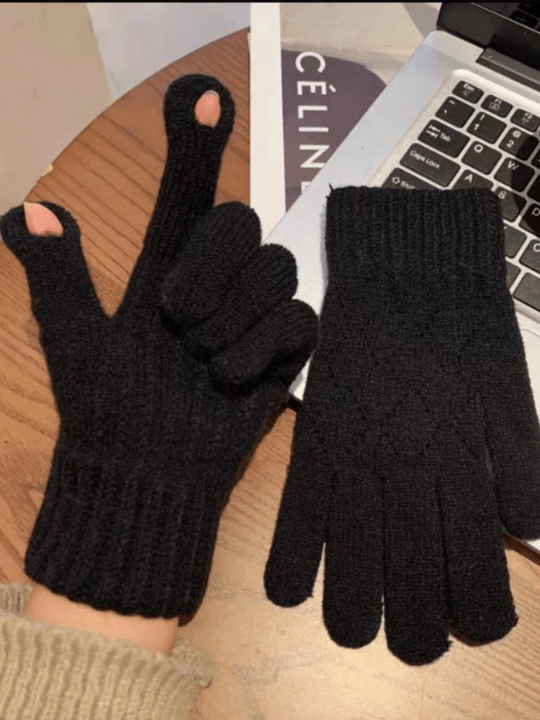 1pc Ladies' Autumn & Winter Warm Knitted Woolen Gloves With Cute Cartoon Design, Half Finger, Touchscreen & Non - slip For Cycling And Mobile Phone Use - Lolli World Marketplace