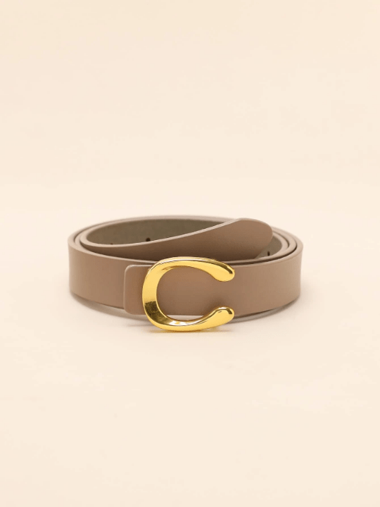 1pc Ladies' Beige Cowhide Leather Flat C Stud Buckle Belt In Gold Casual - Lolli World Marketplace
