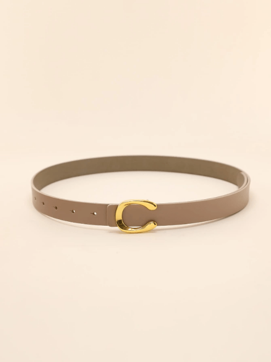 1pc Ladies' Beige Cowhide Leather Flat C Stud Buckle Belt In Gold Casual - Lolli World Marketplace