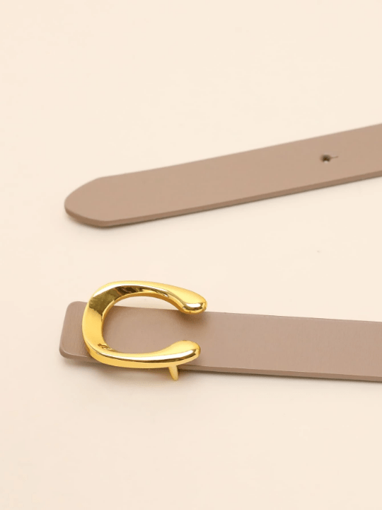 1pc Ladies' Beige Cowhide Leather Flat C Stud Buckle Belt In Gold Casual - Lolli World Marketplace