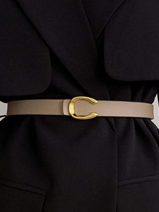 1pc Ladies' Beige Cowhide Leather Flat C Stud Buckle Belt In Gold Casual - Lolli World Marketplace