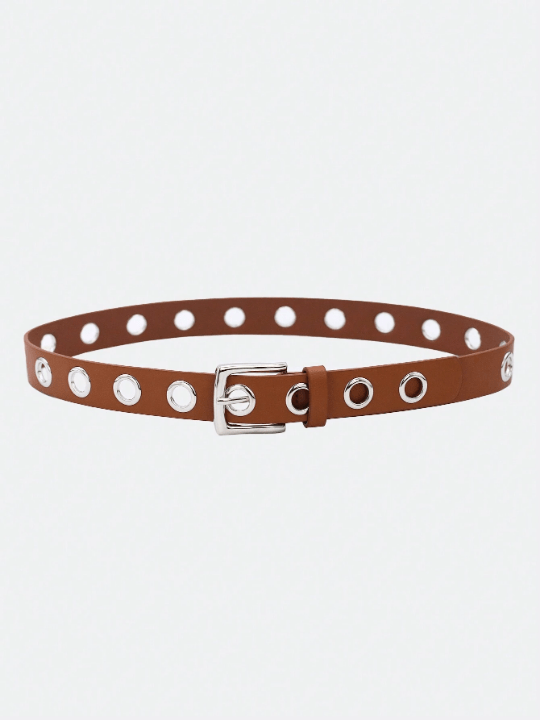 1pc Ladies' Silver Buckle Eyelet Studded Y2k Punk Style Decorative Belt Suitable For Daily Wear - Lolli World Marketplace