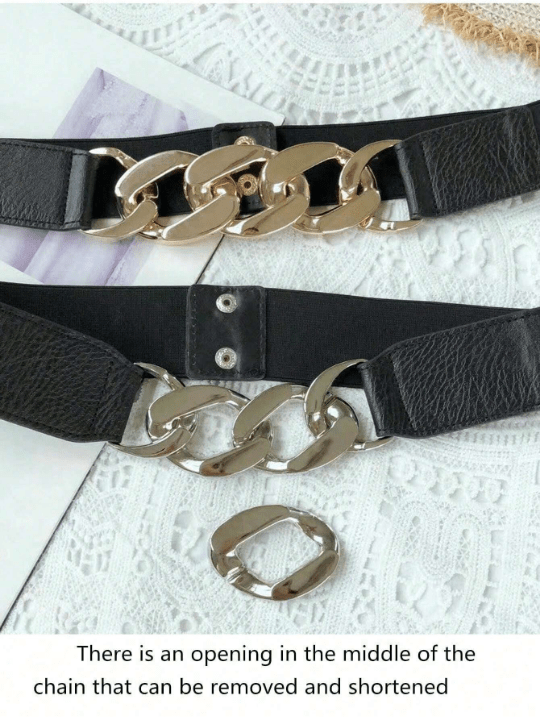 1pc Ladies' Simple Metal Chain & Pu Leather Belt For Dress, Pants, Showing Slim Effect, Fashionable Elastic Stretch Waistband, Suitable For Daily Use - Lolli World Marketplace