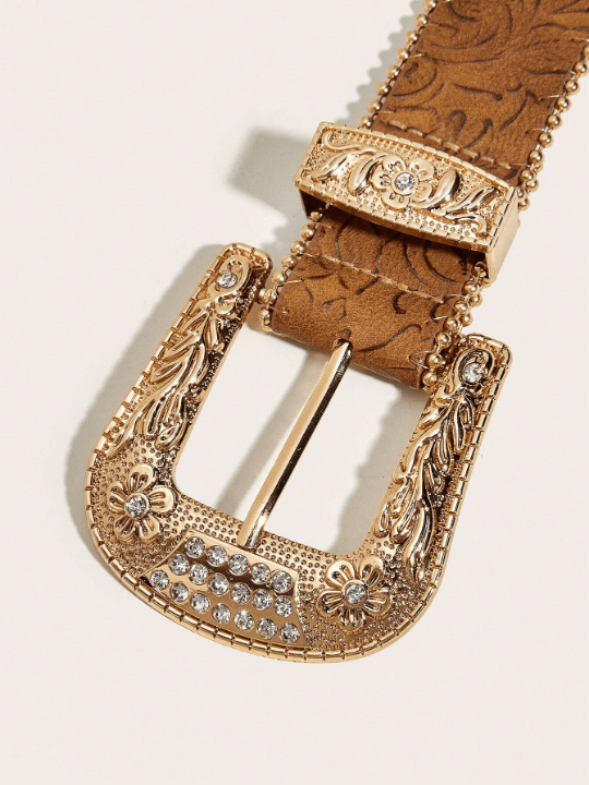 1pc Ladies' Western Cowgirl Style Embossed Floral Pattern Pu Belt With Heavy Duty Carved Buckle, Suitable For Daily Wear Boho - Lolli World Marketplace