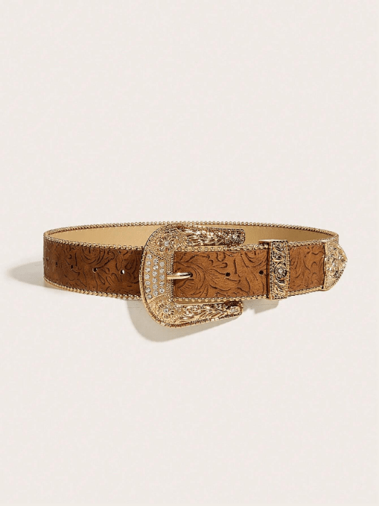 1pc Ladies' Western Cowgirl Style Embossed Floral Pattern Pu Belt With Heavy Duty Carved Buckle, Suitable For Daily Wear Boho - Lolli World Marketplace