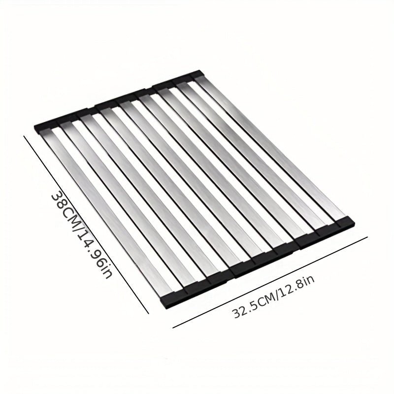 1pc Luxury Roll Up Stainless Steel Dish Drying Rack - Space Saving, Multifunctional, Over Sink Design, Portable, Rollable, Rustproof, Easy to Clean, Kitchen Sink Organizer, Tools And Mat - Suitable for Small Kitchens