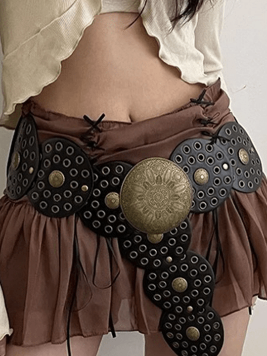 1pc Pu Women's Black Western Style Hollow Out Metal Round Buckle Belt - Lolli World Marketplace