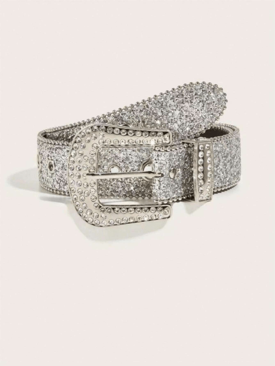1pc Rhinestone Decor Belt With Big And Small Metal Rings, Suitable For Daily Wear Street - Lolli World Marketplace
