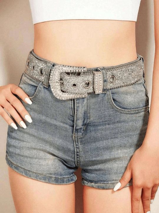 1pc Rhinestone Decor Belt With Big And Small Metal Rings, Suitable For Daily Wear Street - Lolli World Marketplace