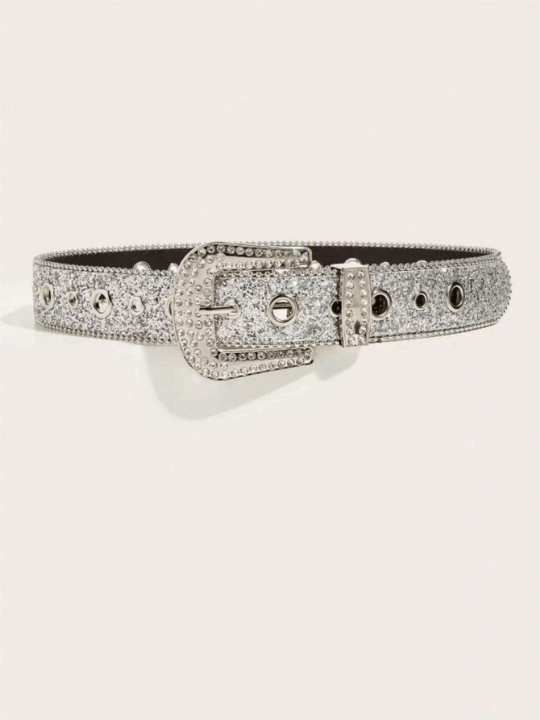 1pc Rhinestone Decor Belt With Big And Small Metal Rings, Suitable For Daily Wear Street - Lolli World Marketplace