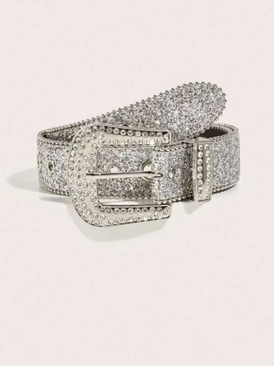 1pc Rhinestone Decor Belt With Big And Small Metal Rings, Suitable For Daily Wear Street - Lolli World Marketplace