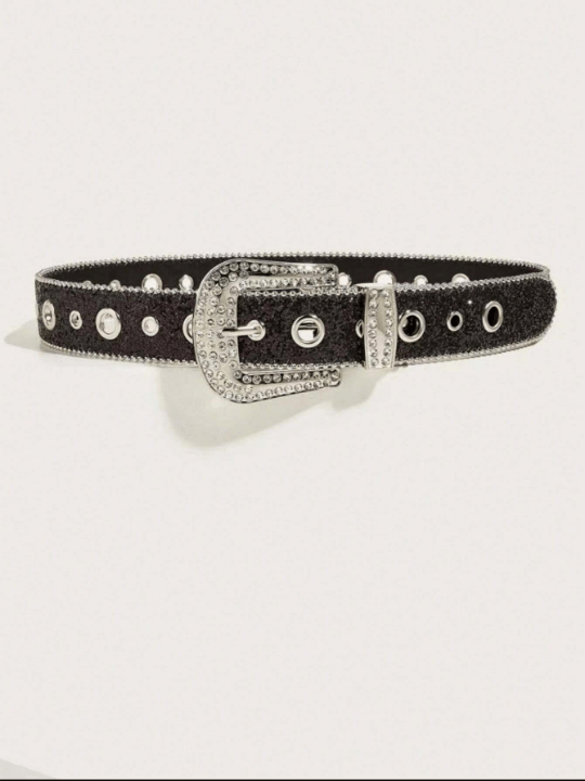 1pc Rhinestone Decorated Metal Ring Buckle Belt, Suitable For Daily Outfits - Lolli World Marketplace