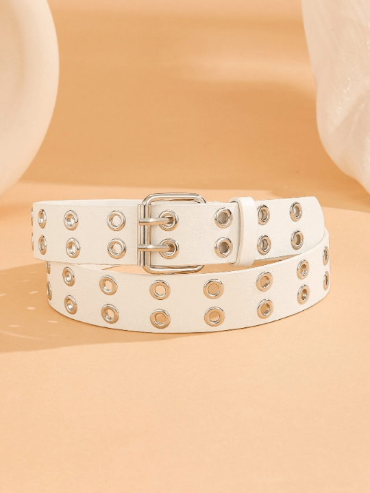 1pc Trendy Unisex White Double Row - Perforated Belt With Buckle, Suitable For Carnival, Valentine's Day, St. Patrick's Day, And Various Festivals Or Party, As A Gift Or For Daily Use - Lolli World Marketplace