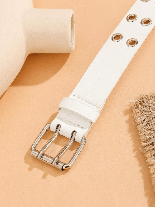 1pc Trendy Unisex White Double Row - Perforated Belt With Buckle, Suitable For Carnival, Valentine's Day, St. Patrick's Day, And Various Festivals Or Party, As A Gift Or For Daily Use - Lolli World Marketplace