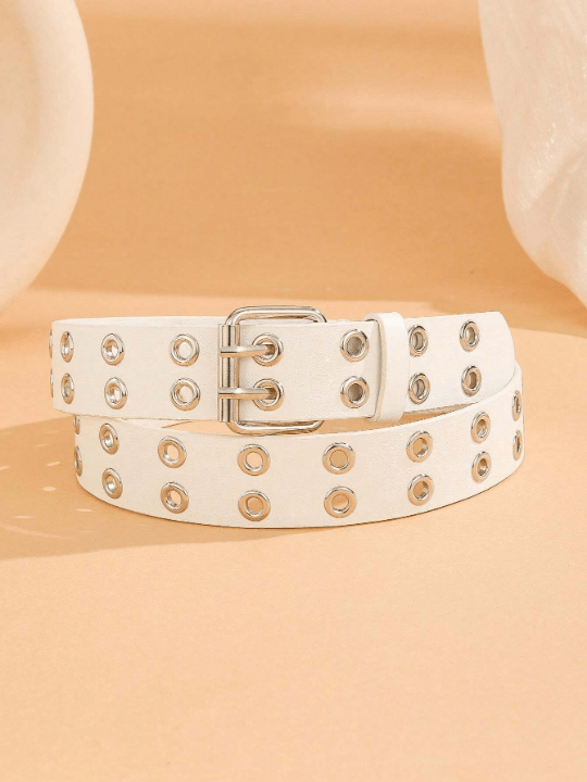 1pc Trendy Unisex White Double Row - Perforated Belt With Buckle, Suitable For Carnival, Valentine's Day, St. Patrick's Day, And Various Festivals Or Party, As A Gift Or For Daily Use - Lolli World Marketplace