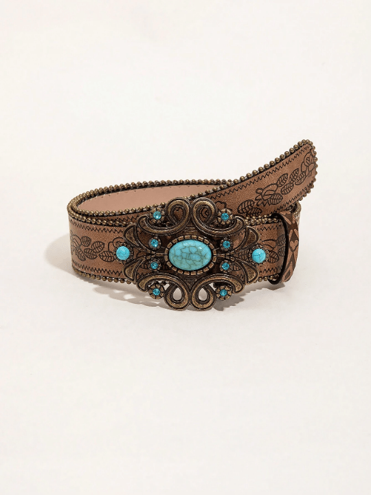 1pc Western Style Vintage Brown Pattern Pu Leather Belt With Beads - Lolli World Marketplace