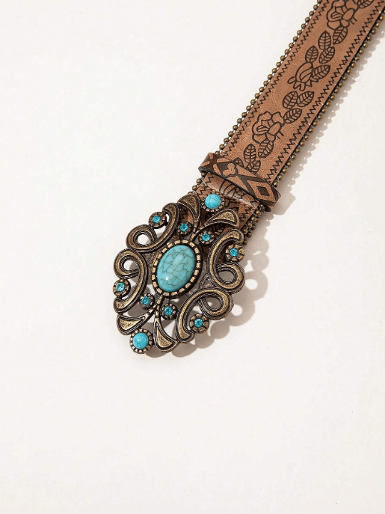 1pc Western Style Vintage Brown Pattern Pu Leather Belt With Beads - Lolli World Marketplace