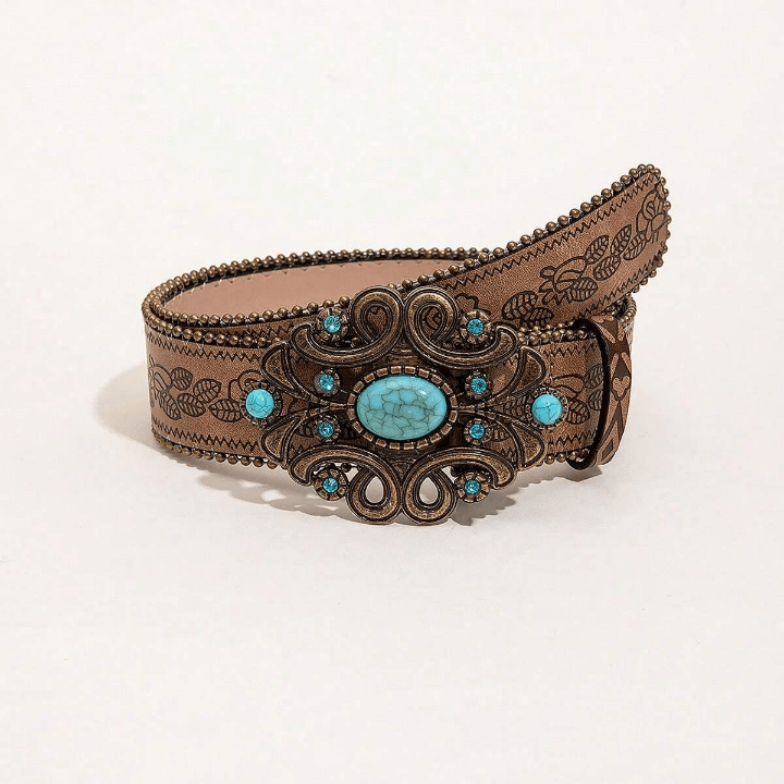 1pc Western Style Vintage Brown Pattern Pu Leather Belt With Beads - Lolli World Marketplace