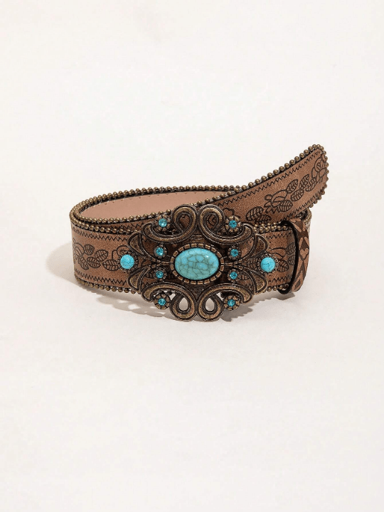 1pc Western Style Vintage Brown Pattern Pu Leather Belt With Beads - Lolli World Marketplace