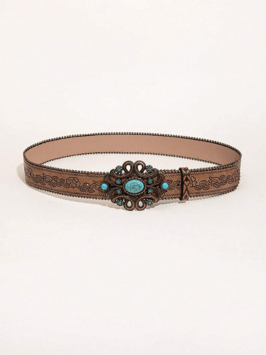 1pc Western Style Vintage Brown Pattern Pu Leather Belt With Beads - Lolli World Marketplace