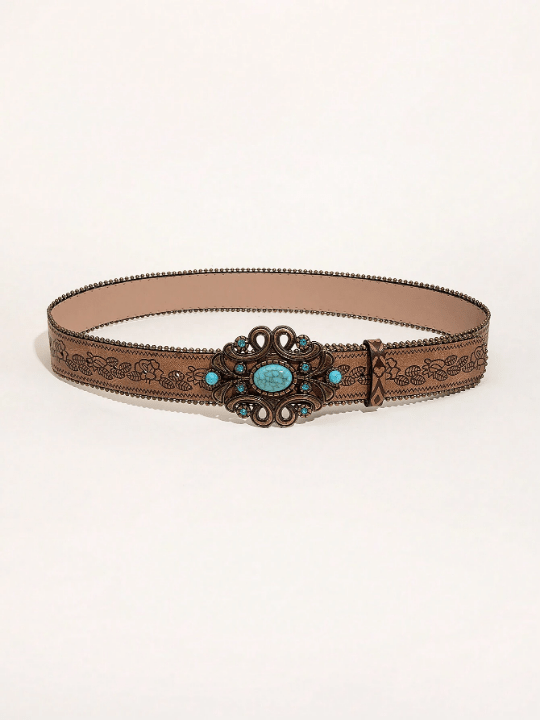 1pc Western Style Vintage Brown Pattern Pu Leather Belt With Beads - Lolli World Marketplace