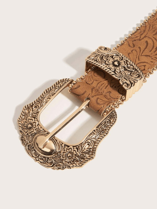 1pc Women Floral Pattern Geo Buckle Cowgirl Western Belt, For Decoration Jeans Pants Boho - Lolli World Marketplace