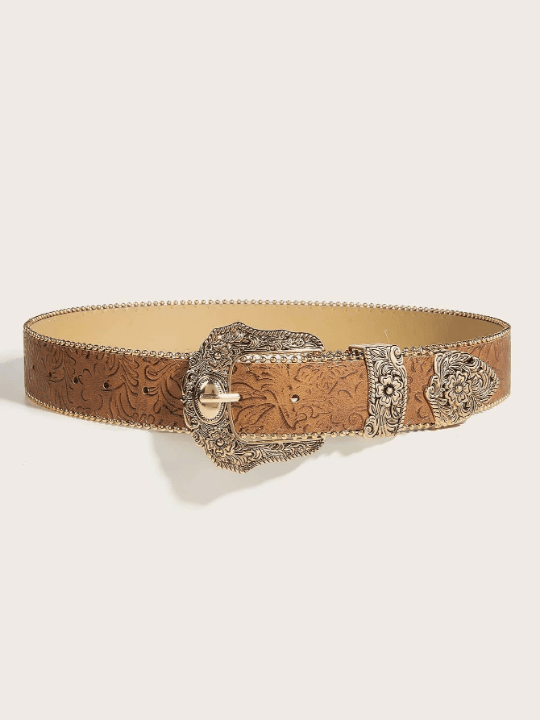 1pc Women Floral Pattern Geo Buckle Cowgirl Western Belt, For Decoration Jeans Pants Boho - Lolli World Marketplace