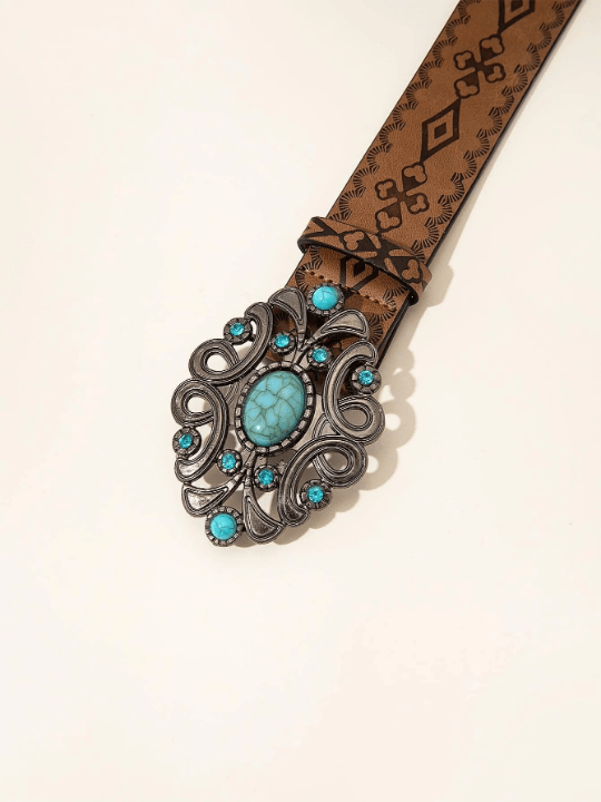 1pc Women Geometric Pattern Rhinestone Decor Western Cowgirl Casual Belt For Daily Life Jeans Pants - Lolli World Marketplace