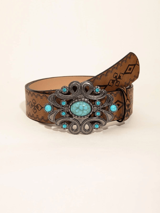 1pc Women Geometric Pattern Rhinestone Decor Western Cowgirl Casual Belt For Daily Life Jeans Pants - Lolli World Marketplace