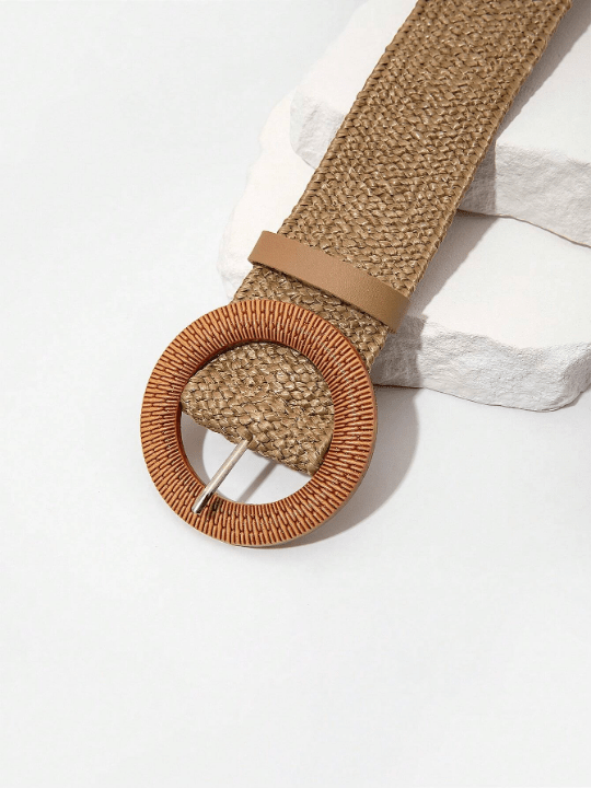 1pc Women Solid Round Buckle Fashion Straw Belt - Lolli World Marketplace