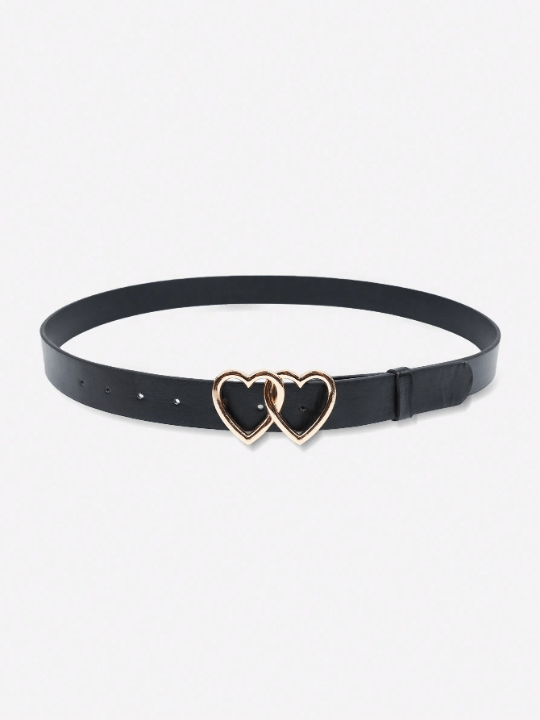 1pc Women's Black Plus Size 132cm Belt With Double Heart Shaped Metallic Buckle Decoration - Lolli World Marketplace