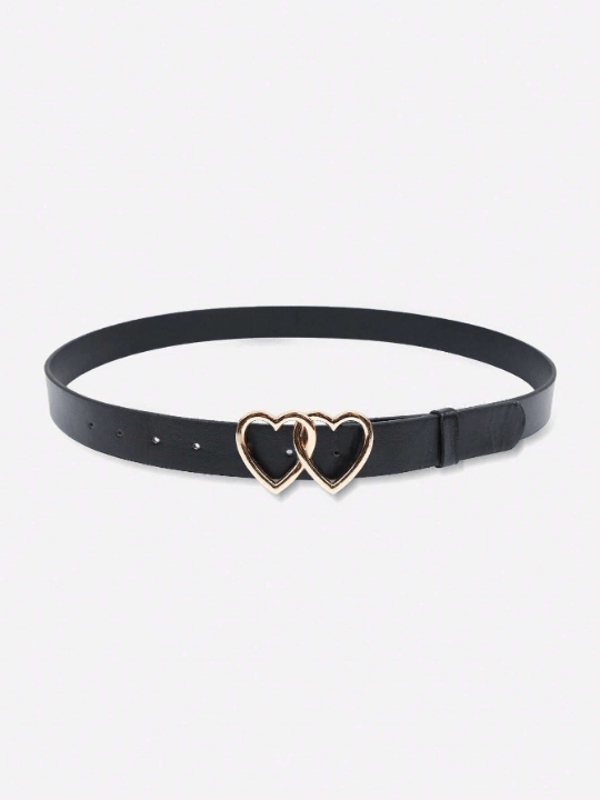 1pc Women's Black Plus Size 132cm Belt With Double Heart Shaped Metallic Buckle Decoration - Lolli World Marketplace