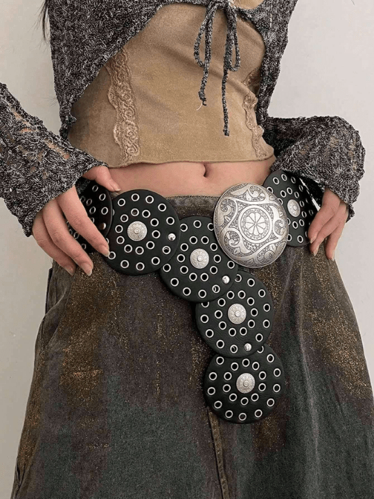 1pc Women's Black Pu Hollow Out Western Style Metal Grommets Round Buckle Belt - Lolli World Marketplace