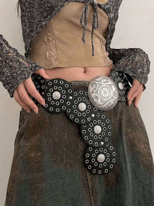 1pc Women's Black Pu Hollow Out Western Style Metal Grommets Round Buckle Belt - Lolli World Marketplace
